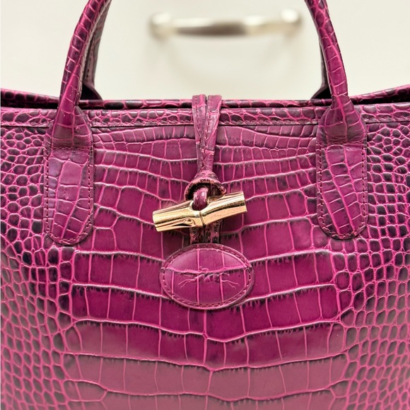 LONGCHAMP Chic Elegant Coquette Roseau Croc-Embossed Purple Leather Tote Bag - Picture 3 of 16